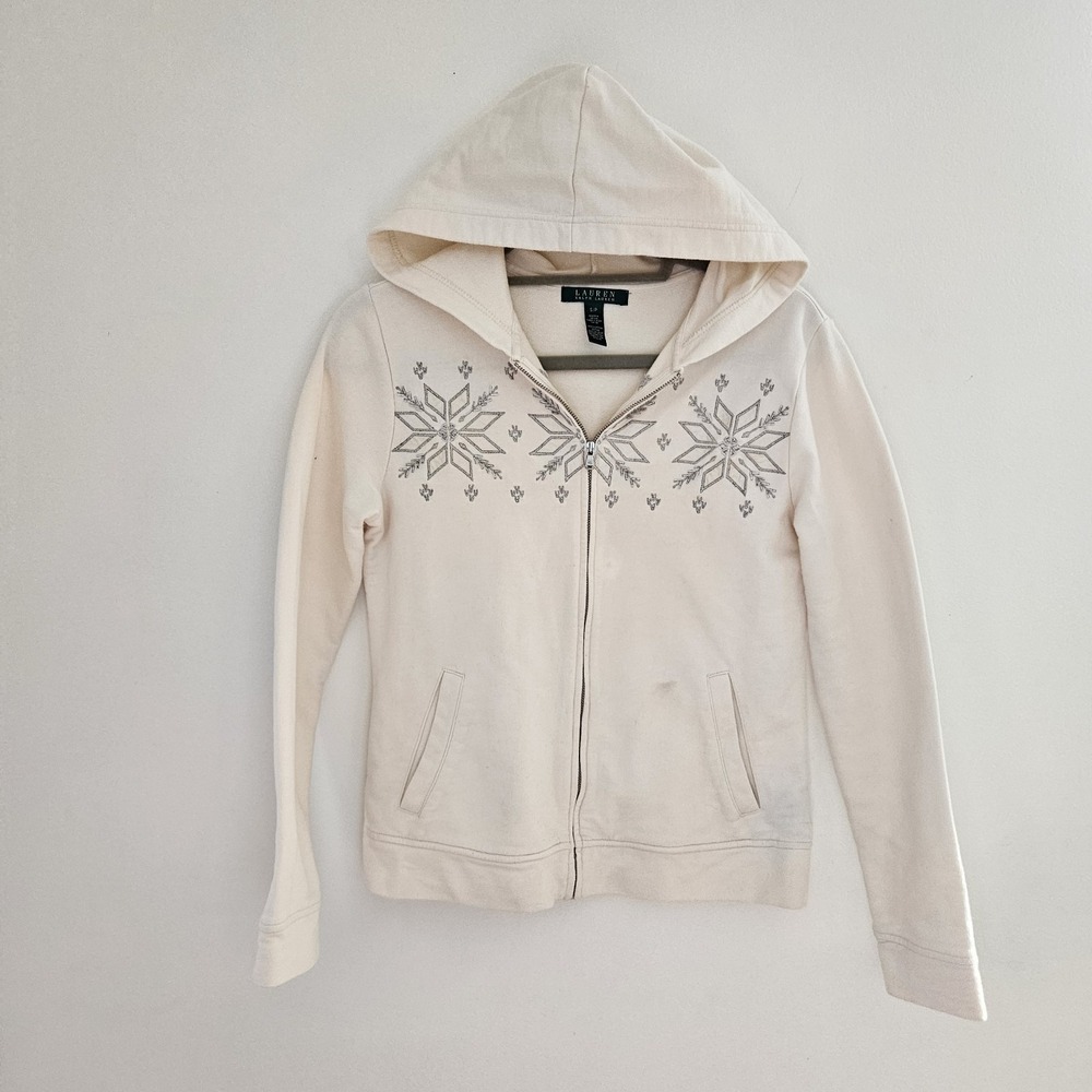 Ralph Lauren Women Ivory Snowflake Sparkle Embroidered Beaded Zip Hoodie Small
